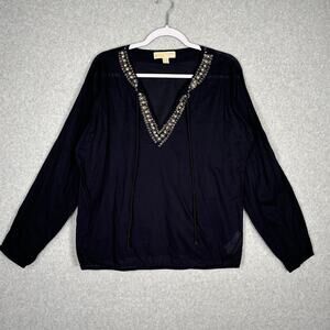 Michael Kors Top Womens Large Navy Embellished Popover Thin‎ Boho Blouse READ